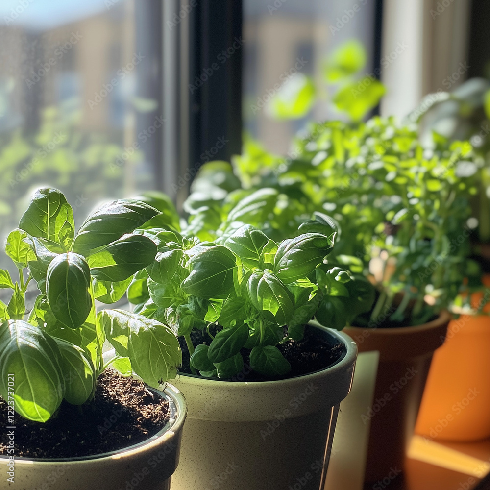 Fresh Herbs in Pots by the Kitchen Window with Morning Light. Generative AI. Fresh Herbs in Pots by the Kitchen Window with Morning Light. Generative AI.