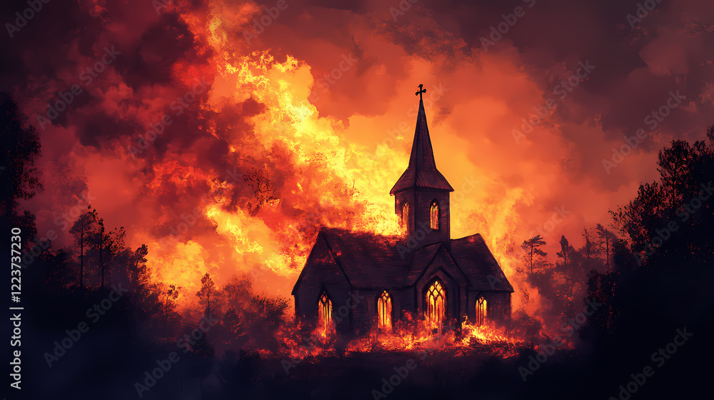 Fototapeta premium Burning church engulfed in flames at sunset, ominous smoke and fire. Twilight Spire. Illustration