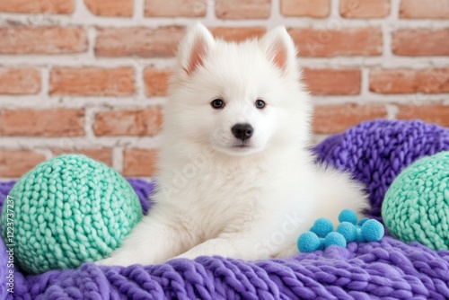 Adorable Samoyed puppy with pure white fur sits playfully on a vivid lavender blanket surrounded by colorful mint green toys and navy blue accents for a heartwarming atmosphere photo