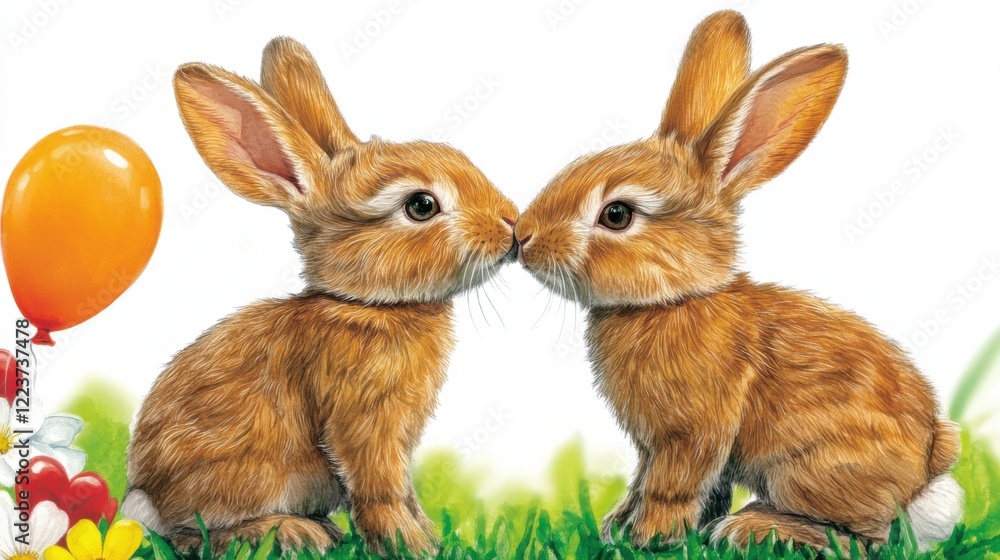 Obraz premium Two charming rabbits sharing a gentle moment by touching noses, capturing the essence of innocence, affection, and the beauty of nature’s simple joys in a whimsical scene.