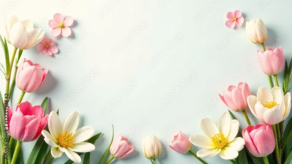 Pink and white tulips and small pink flowers create a floral border on a light blue background, with open space in the center. Concept of a floral spring frame.
Pink and white tulips and small pink flowers create a floral border on a light blue background, with open space in the center. Concept of a floral spring frame.