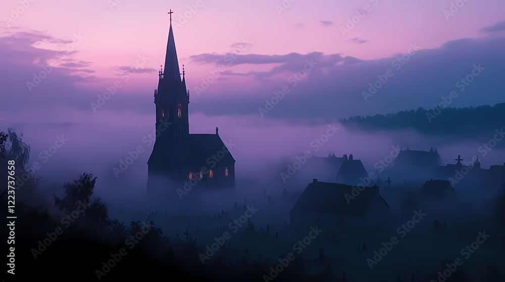 Fototapeta premium Fog envelops an eerie graveyard at dusk with a distant church tower illuminated by soft lights. Twilight Spire. Illustration