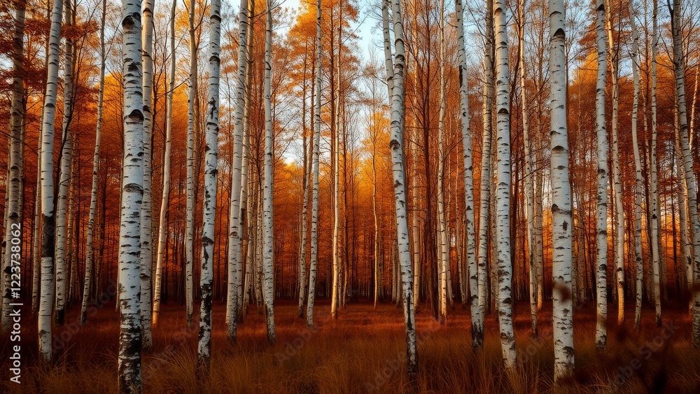 Golden Autumn Scene in Birch Grove Golden Autumn Scene in Birch Grove
