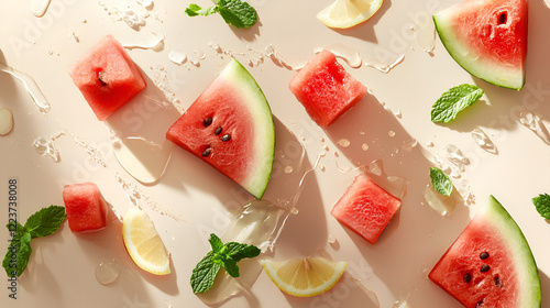 Refreshing watermelon and lemon slices, adorned with fresh mint, create a vibrant summer still life.