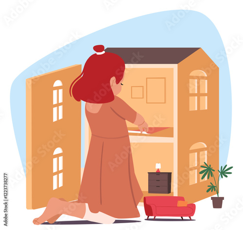 Little girl playing with doll house creating cozy home apartment design interior from toy furniture