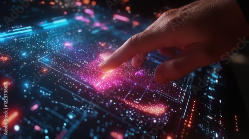 A closeup of an engineers hand pointing to a of data points on a simulation interface representing machinetomachine communication analytics within the factory. photo