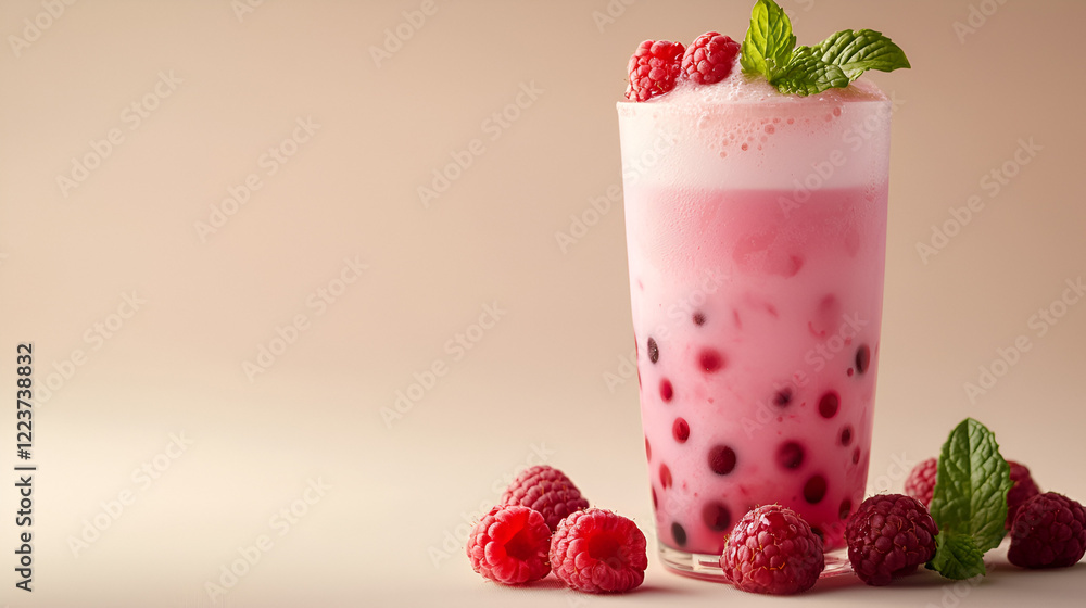 Refreshing pink berry drink with tapioca pearls, topped with fresh raspberries and mint. Refreshing pink berry drink with tapioca pearls, topped with fresh raspberries and mint.