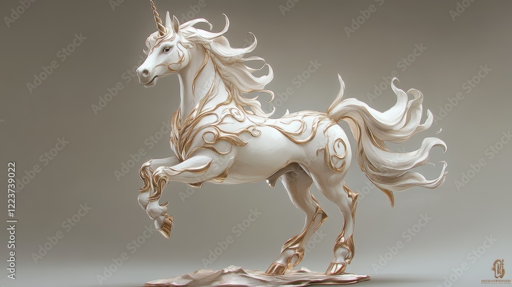 Fototapeta premium Illustration of a unicorn with a flowing mane and tail. The unicorn stands on its hind legs, showcasing its mythical and magical nature. Unicorn art with a whimsical touch, vector element.