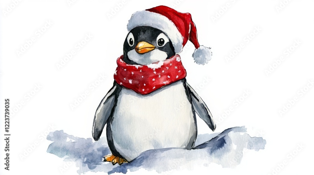 Fototapeta premium Adorable Christmas Penguin Watercolor Illustration