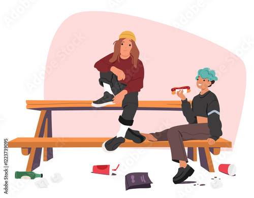 Hipster girls group of teenagers eating junk food sitting on park bench littering city streets