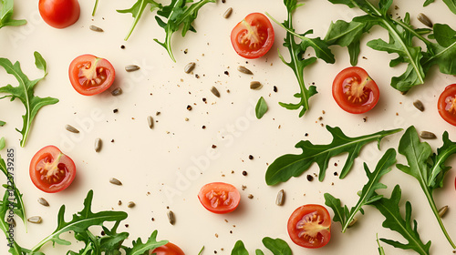 Fresh arugula and halved cherry tomatoes arranged artfully on a light beige background, interspersed with sunflower seeds and pepper.