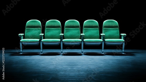 Empty green fabric theater chairs in a single row, softly lit to accentuate their age and evoke a quiet, historical ambiance