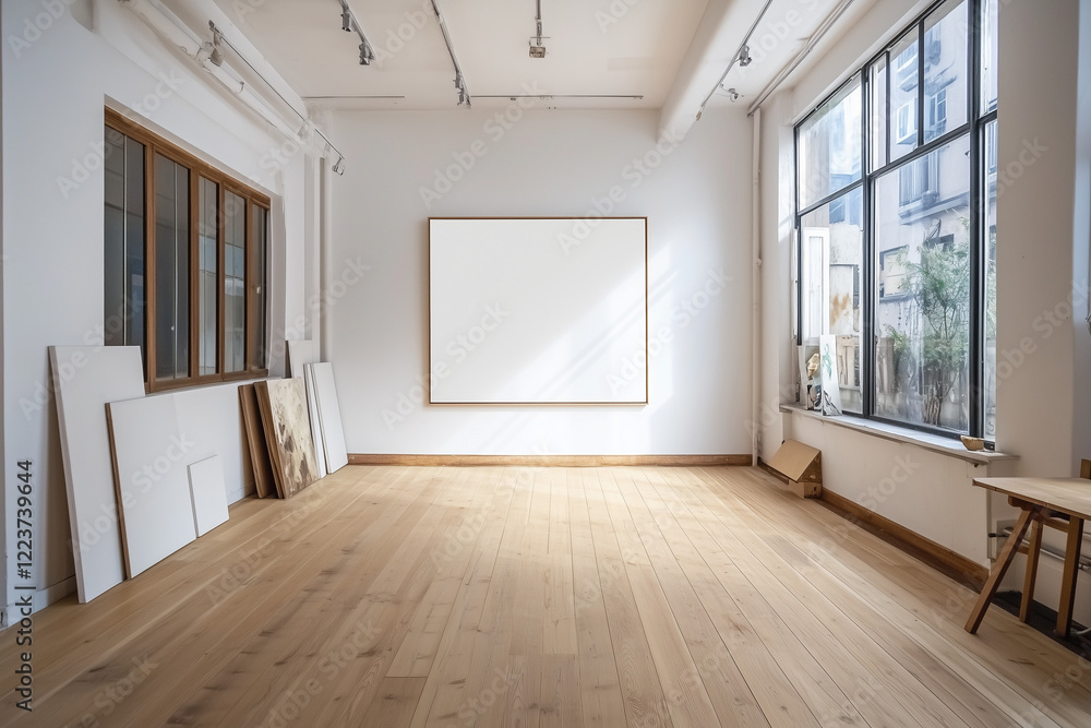 Obraz premium おしゃれな部屋に置かれた白いカンバス・額縁