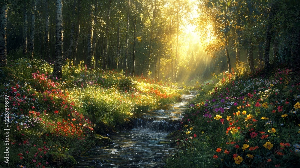 Obraz premium Lush green forest with beautiful wildflowers and a serene stream flowing through it, capturing the beauty of nature in springtime