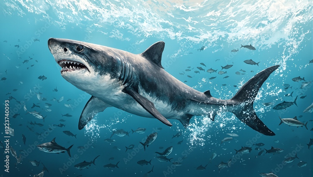 Fototapeta premium Majestic great white shark gliding in open water fish fleeing in fear