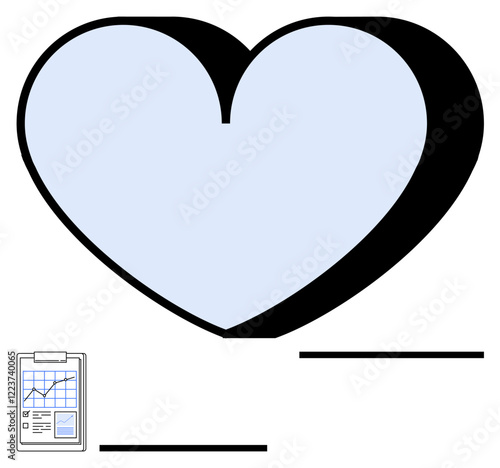 Heart with clipboard displaying health data trends. Ideal for wellness, healthcare, fitness tracking, medical research, digital health, public health, abstract line flat metaphor