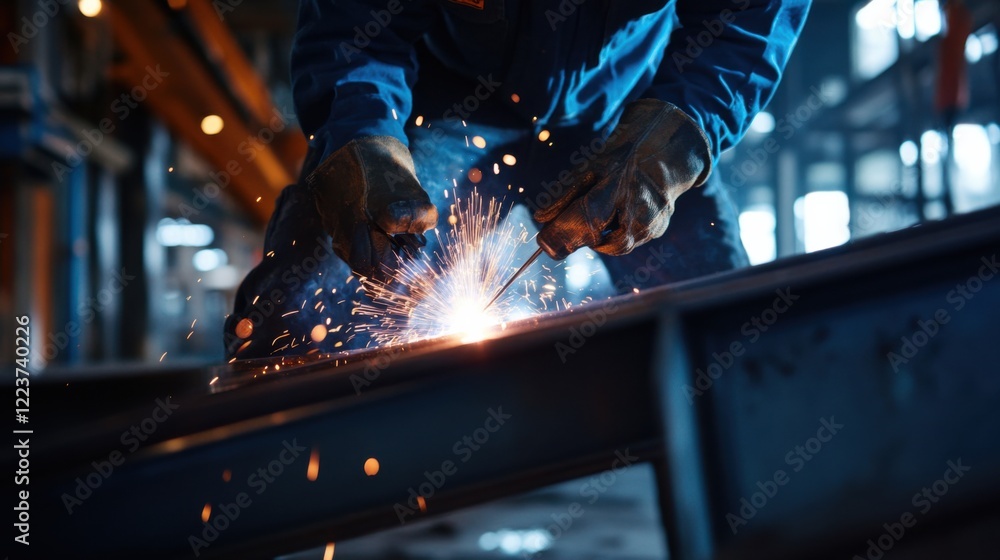 A close-up of a construction worker welding metal beams at a skyscraper site, Skyscraper construction scene, Structural welding style A close-up of a construction worker welding metal beams at a skyscraper site, Skyscraper construction scene, Structural welding style