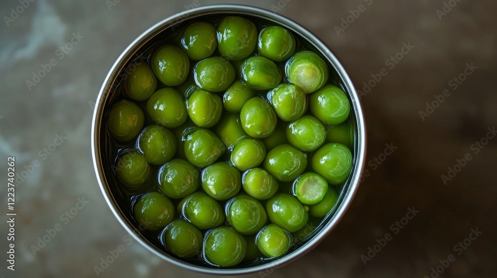 Top view of freshly opened canned green beans in a glossy metal can, vibrant green texture, liquid glistening under soft light, realistic food preservation Top view of freshly opened canned green beans in a glossy metal can, vibrant green texture, liquid glistening under soft light, realistic food preservation