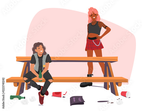 Mischief teenagers characters relaxing on park bench throwing trash on ground littering environment