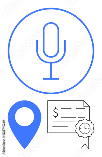 Microphone in circle, blue location pin, certified document with dollar sign and ribbon. Ideal for audio broadcasting, navigation, location-based services, certification processes, financial