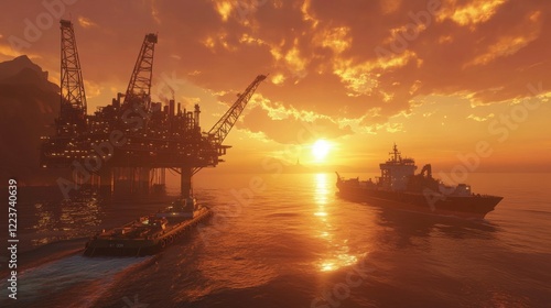 Offshore oil and gas jackup platform, during cargo operations with supply vessel in the sea and beautiful colourful sunset sky.  photo