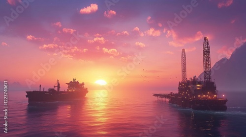 Offshore oil and gas jackup platform, during cargo operations with supply vessel in the sea and beautiful colourful sunset sky.  photo