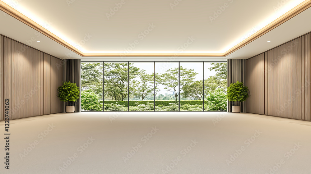 Fototapeta premium Spacious minimalist interior with natural light, neutral tones and indoor greenery
