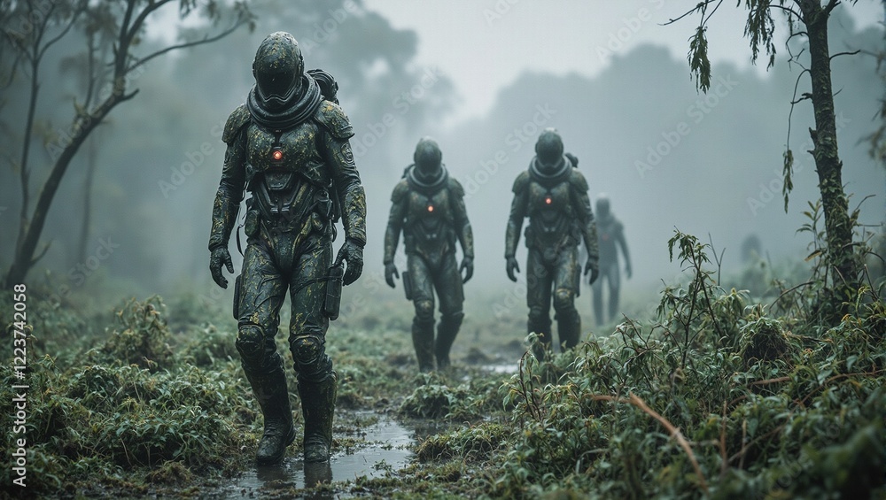 Alien explorers in glowing moss covered suits navigate misty alien swamps Alien explorers in glowing moss covered suits navigate misty alien swamps