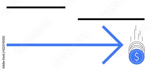 Blue arrow points right toward stacked blue coins with dollar signs, signifying financial growth. Ideal for finance, investment, banking, financial direction, economic growth, savings. Line metaphor
