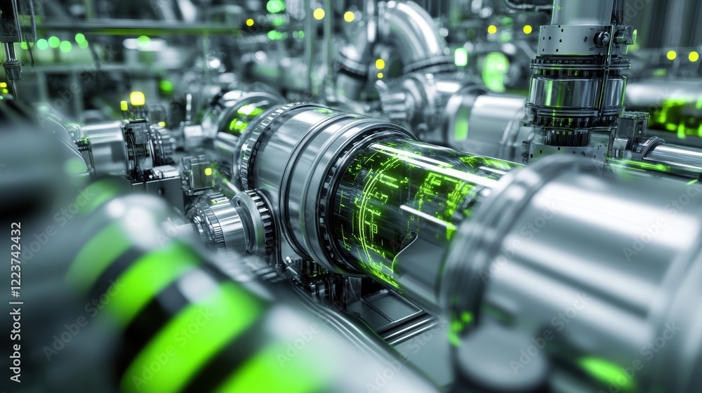 Fototapeta premium A of gray and green machinery interconnected by tubes recycling waste heat with easy access for technicians representing the factorys dedication to resource efficiency.