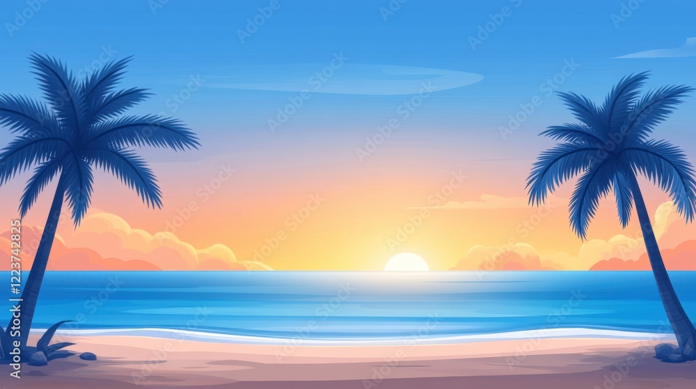 Serene Sunset Landscape with Palm Trees Over Rocky Shoreline and Calm Ocean Waves Under Colorful Sky Serene Sunset Landscape with Palm Trees Over Rocky Shoreline and Calm Ocean Waves Under Colorful Sky