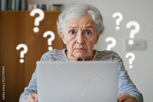 Elderly woman have difficulties while using laptop computer at home. Mature senior woman struggles with technology, remember passwords, understanding information, navigating internet banking platforms