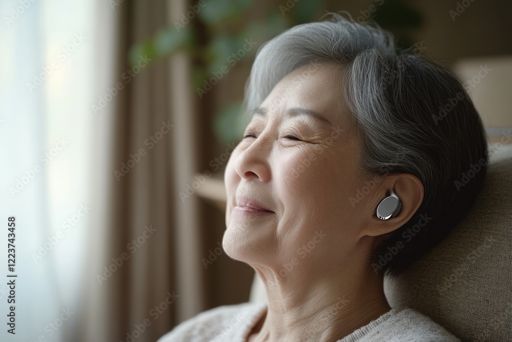 smiling asian senior woman with hearing aid pleasantly smiling in cozy living room. world hearing day concept. health awareness, healthcare, retirement lifestyle
