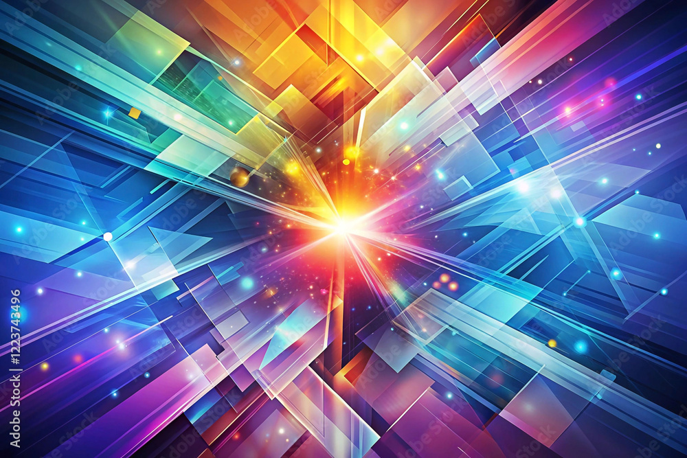 Obraz premium Abstract colorful geometric explosion with vibrant light effects and glowing particles.