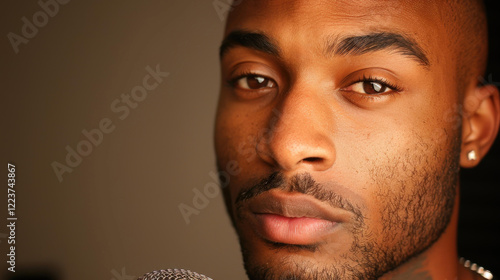 An AfroAmerican man passionately sings into a microphone, crafting his sound in a vibrant music studio setting. photo