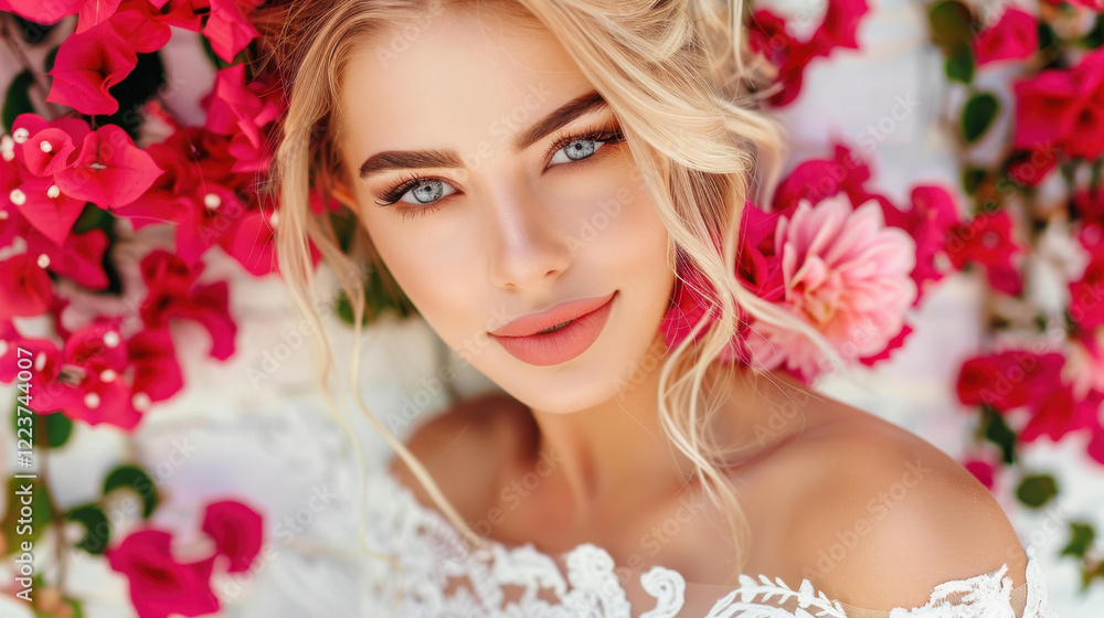 A bride in a stunning white dress adorned with pink blooms gazes at the camera, capturing a moment of pure joy and elegance. A bride in a stunning white dress adorned with pink blooms gazes at the camera, capturing a moment of pure joy and elegance.