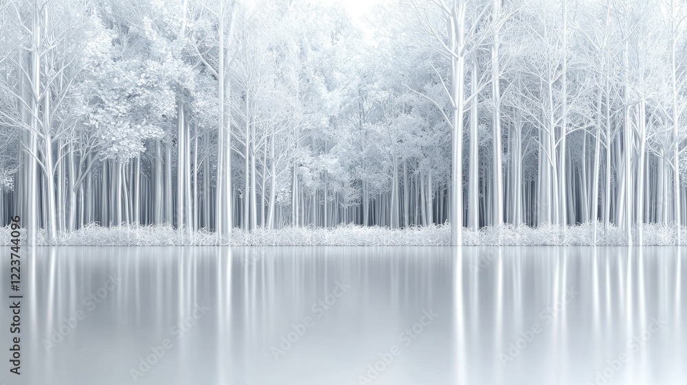 Fototapeta premium Winter forest reflection, serene snowy woods, calm lake, tranquil nature scene, ideal for winter backgrounds