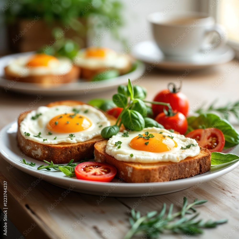 Delicious homemade breakfast with fried eggs on toast. Fresh tomatoes, herbs served in bright kitchen. Morning meal presentation colorful, healthy. Perfect for family dining brunch. Plate with Delicious homemade breakfast with fried eggs on toast. Fresh tomatoes, herbs served in bright kitchen. Morning meal presentation colorful, healthy. Perfect for family dining brunch. Plate with