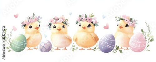 Row of baby chicks with floral crowns standing beside pastel-colored Easter eggs in spring scene