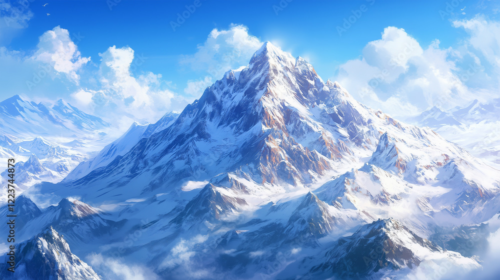 Obraz premium 白銀に輝く山頂を空撮で捉えた冬の壮大な絶景