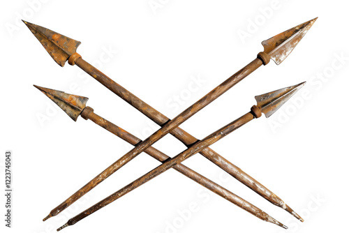 Crossed spears with rusted tips resting against each other on a clean, white background during a still life arrangement isolated on transparent background photo