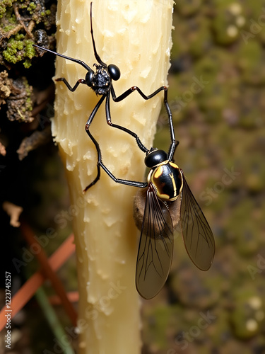 Snailkiller fly, Tetanocera phyllophora, feeding on common stinkhorn fungus, Phallus impudicus photo