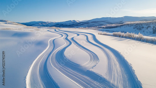 雪原に描かれたスキーの軌跡をアート的視点で捉えた冬の風景 photo