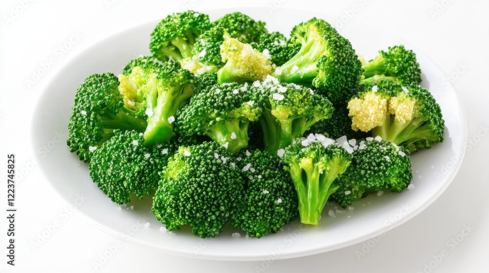 A clean and simple plate of freshly steamed broccoli, lightly seasoned with sea salt, neatly arranged on a plain white plate A clean and simple plate of freshly steamed broccoli, lightly seasoned with sea salt, neatly arranged on a plain white plate