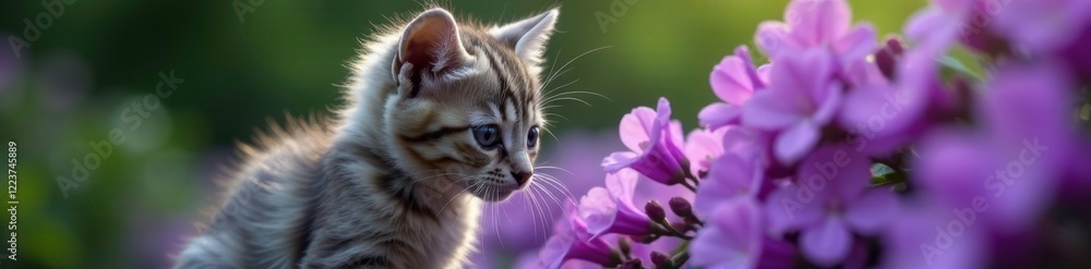 Small grey kitten exploring purple African violet blooms, gentle_sniff, whisker_twitch