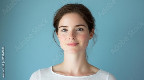 elegant beauty portrait of a freshfaced european woman with glowing skin against a serene blue background showcasing natural beauty photo