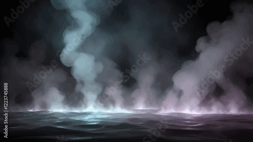 Water surface with magic neon glow from inside and smoke on top. Mystery dark background with spooky white light from underwater and fog. Realistic 3d night vector illustration with flare and steam.