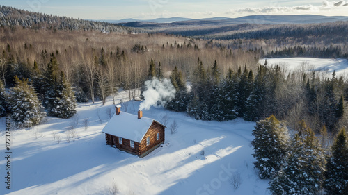 Wallpaper Mural 雪景色に包まれた山小屋を空撮で描いた穏やかな冬の風景 Torontodigital.ca