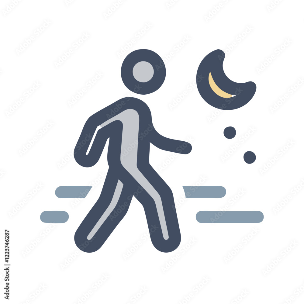 Person walking at night icon with moon in minimalist style Person walking at night icon with moon in minimalist style