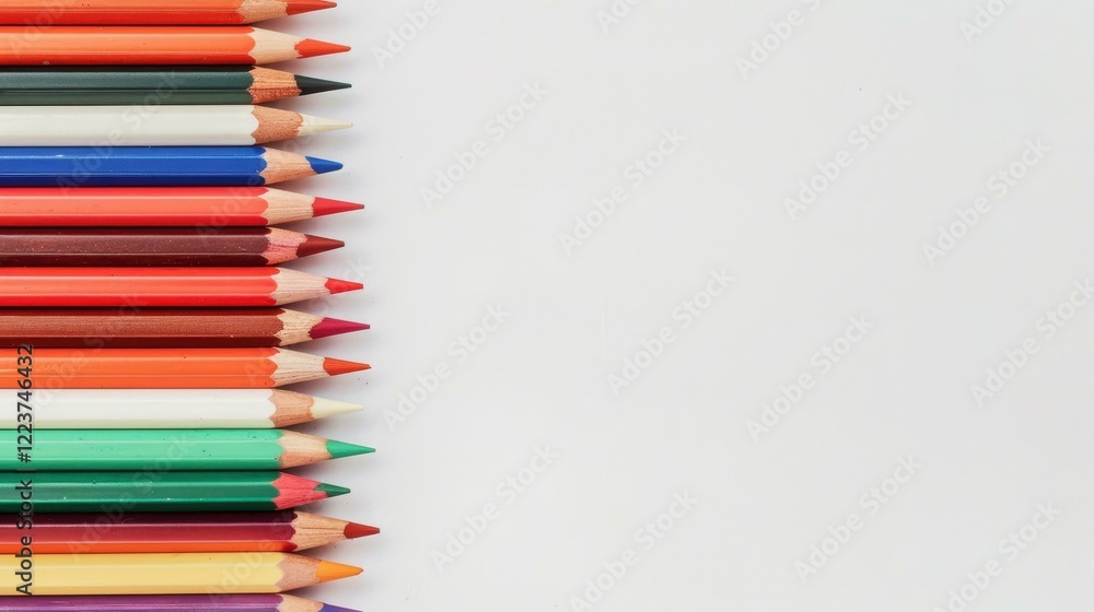 Vibrant colored pencils neatly arranged on a white background, inviting creativity and inspiration in every stroke. Vibrant colored pencils neatly arranged on a white background, inviting creativity and inspiration in every stroke.